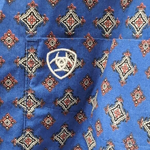 Ariat Blue Printed Western Cowboy Ranch Fitted Long Sleeve Button Shirt Sz L - Picture 4 of 9